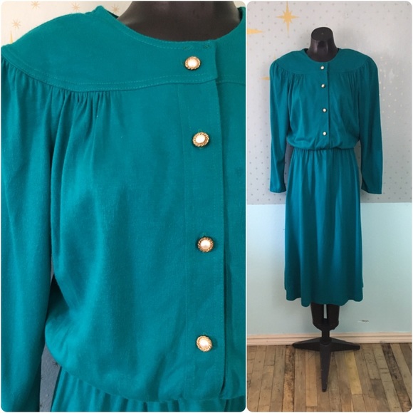 Vintage Dresses & Skirts - Vtg 80s teal dress size l/xl